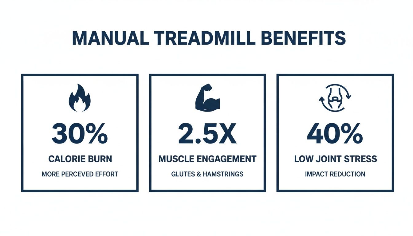 Infographic detailing manual treadmill benefits: 30% calorie burn, 2.5x muscle engagement, and 40% low joint stress.