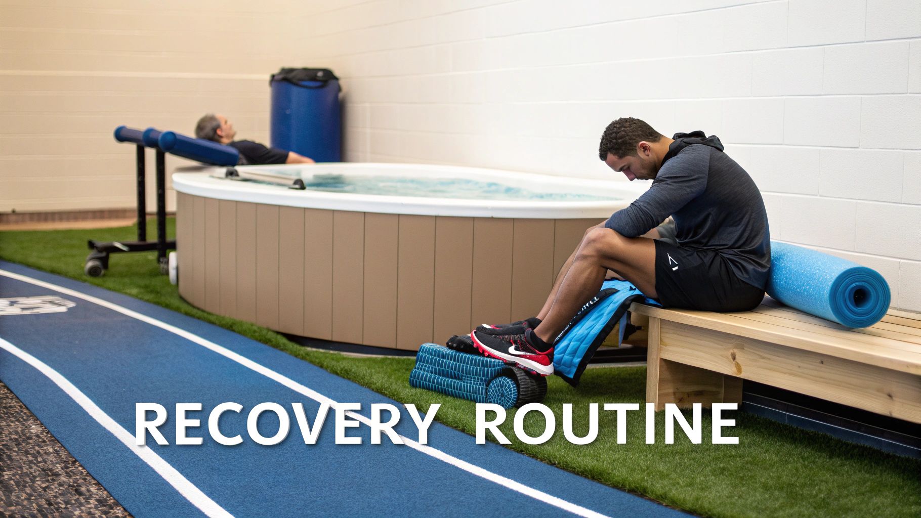 Man using a foam roller for muscle recovery while another relaxes in a hydrotherapy tub.
