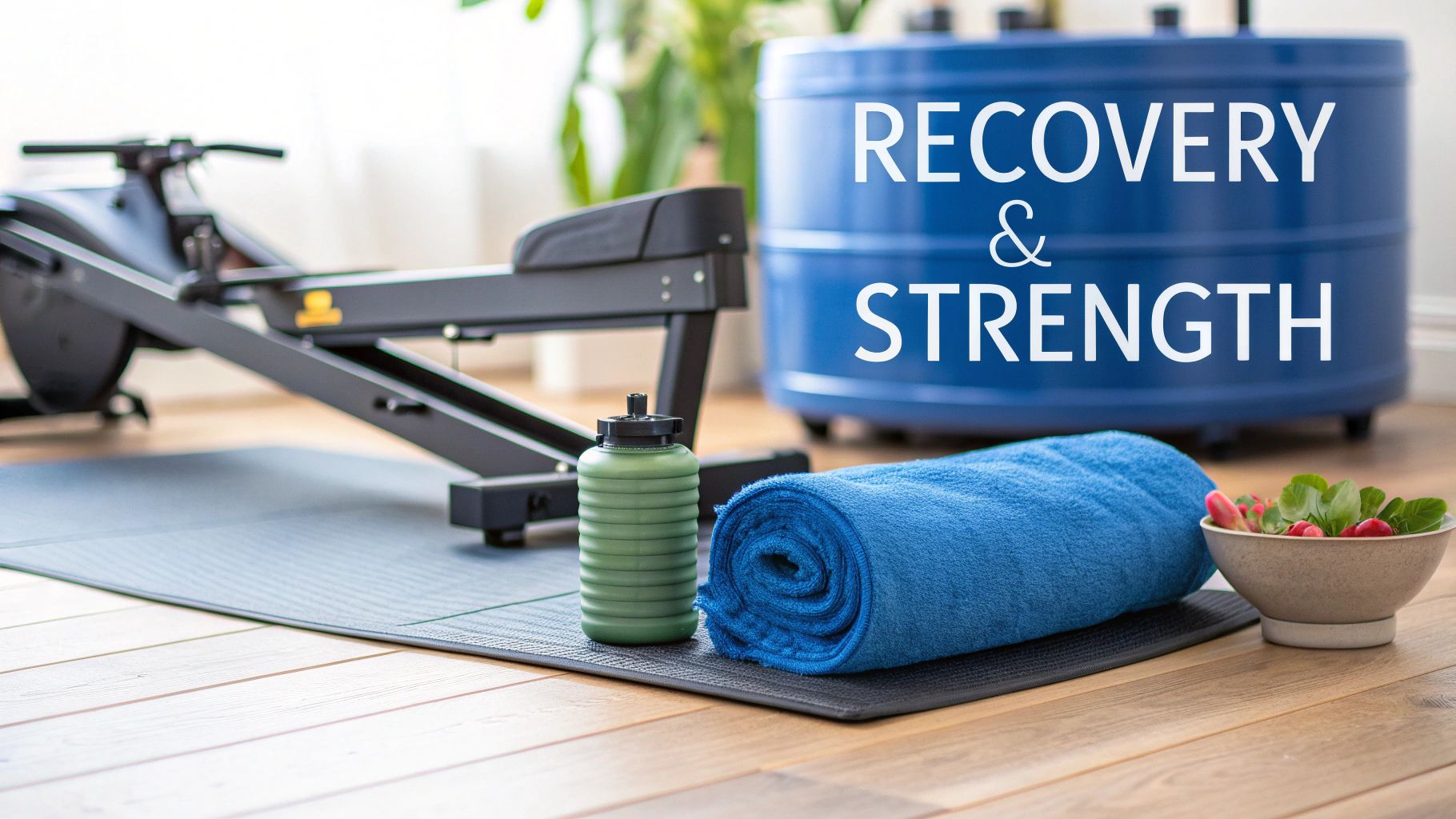 A home gym features a water rowing machine, exercise mat, water bottle, towel, and a blue recovery barrel.