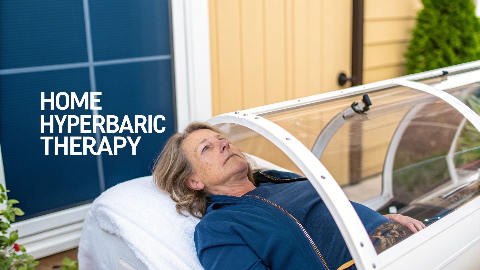An older woman in a blue jacket lies in a home hyperbaric chamber for therapy.