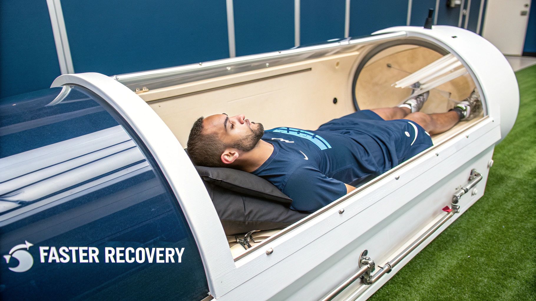 A man reposing in a hyperbaric chamber for athletic recovery, highlighted by "FASTER RECOVERY" text.