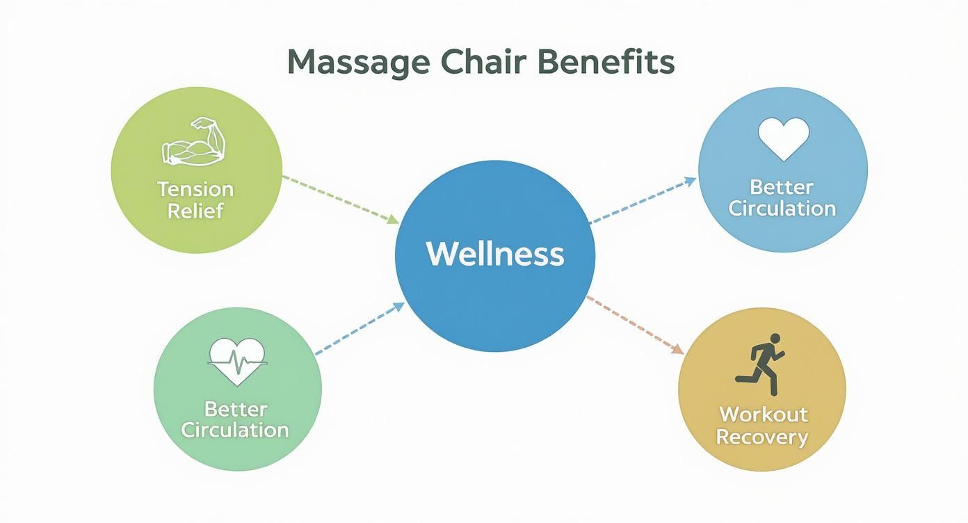 Infographic showing massage chair benefits including tension relief, better circulation, wellness, and workout recovery