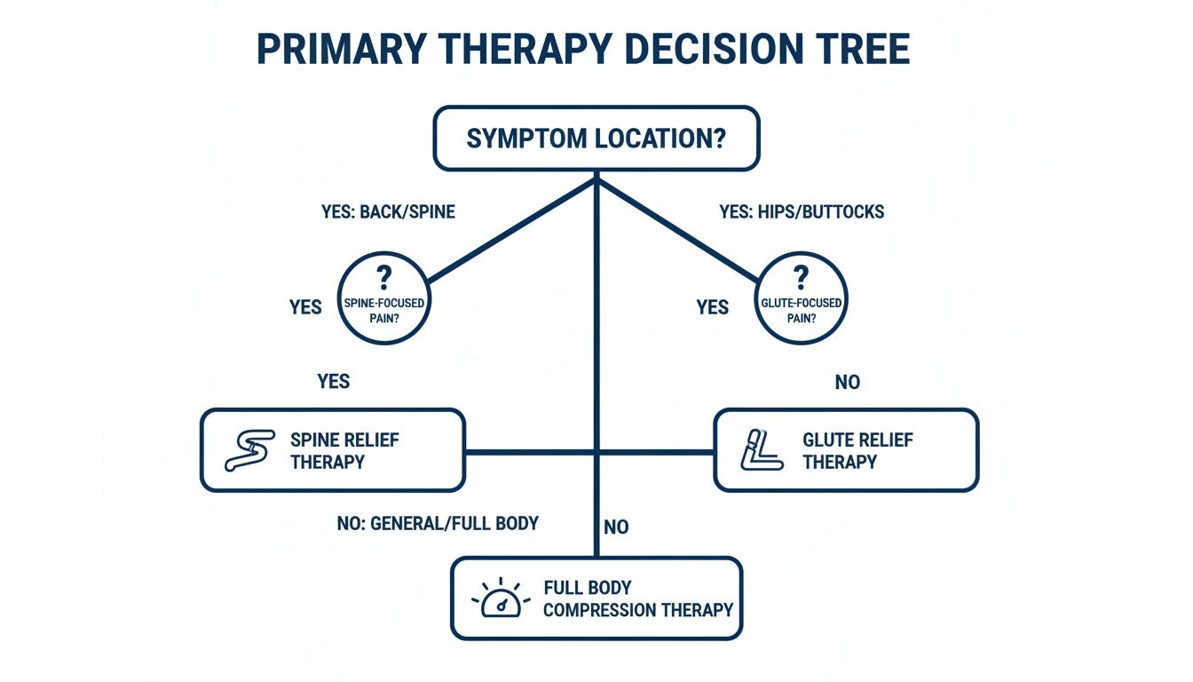 Decision tree for primary therapy based on symptom location, guiding choices for spine, glute, or full body compression.