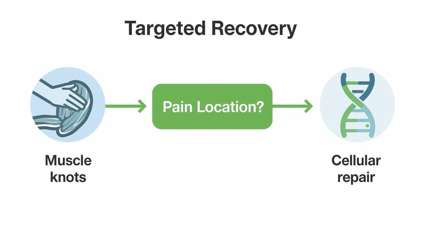 Targeted recovery flowchart showing muscle knots leading to pain location assessment and cellular repair process