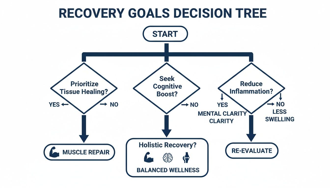 A recovery goals decision tree flowchart with options for tissue healing, cognitive boost, and inflammation reduction.