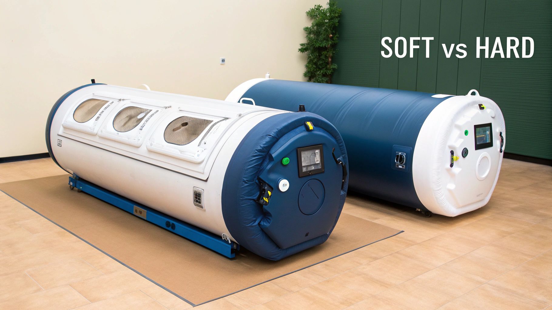 Two hyperbaric oxygen chambers, a white hard-sided and a blue soft-sided unit, shown side-by-side.