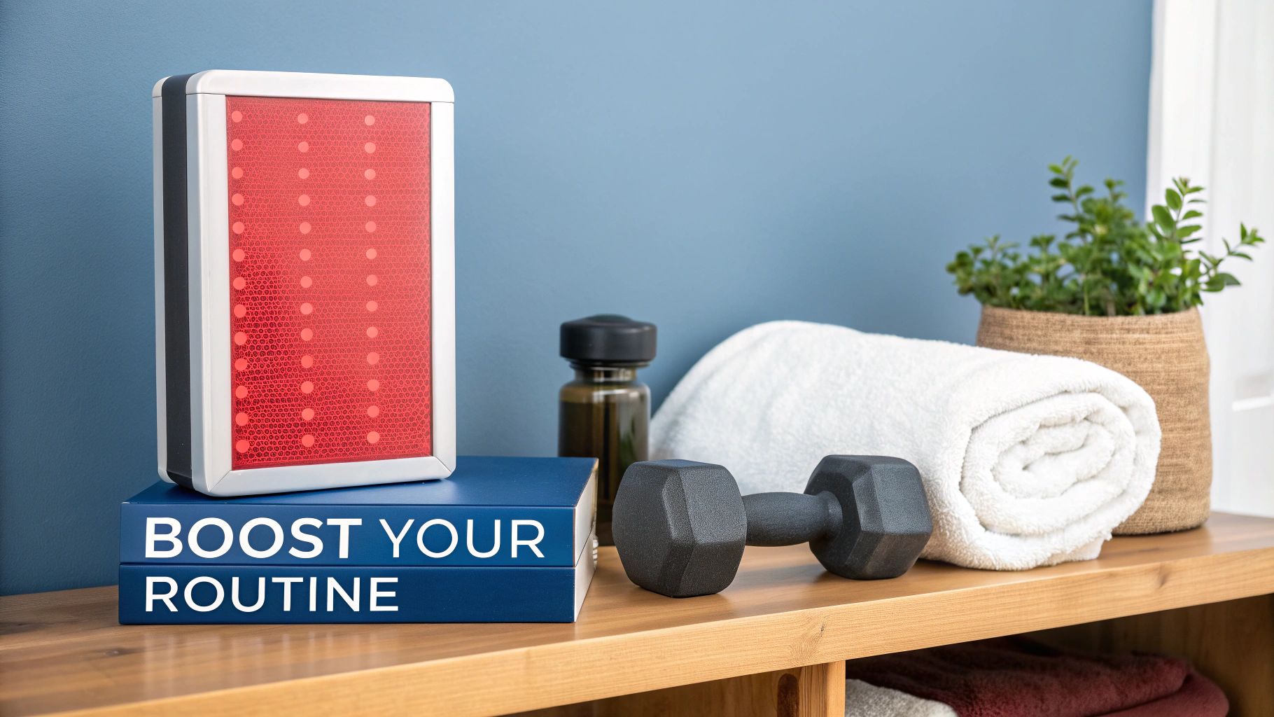 A red light therapy device, fitness accessories, and books for a wellness routine on a shelf.