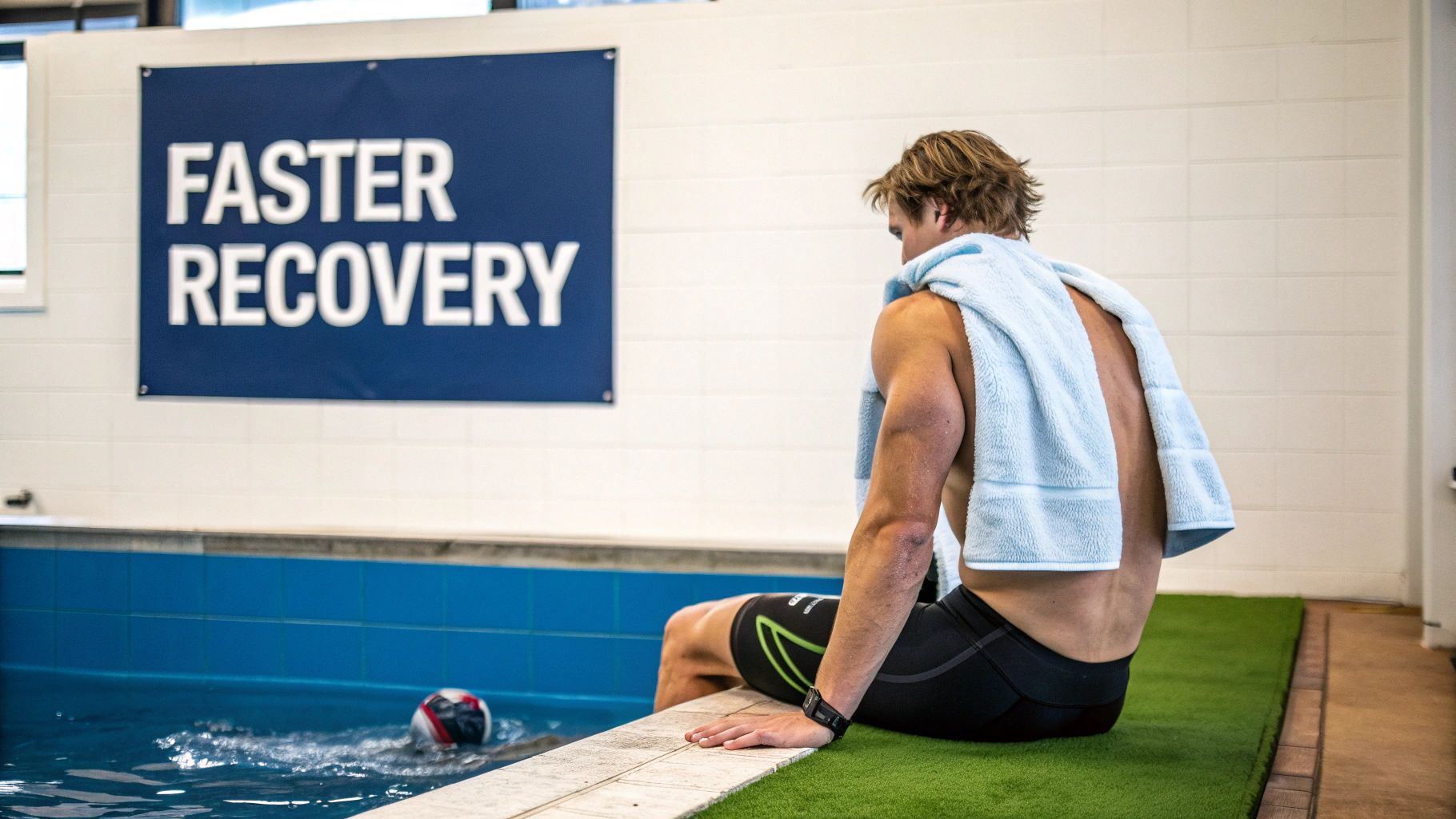 A man with a light blue towel sits beside a pool, next to a "FASTER RECOVERY" sign.