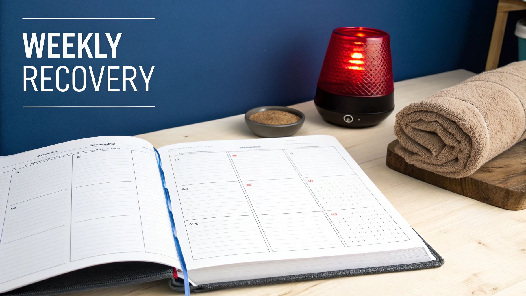 An open planner with 'WEEKLY RECOVERY' text, a red light device, and a rolled towel for wellness.