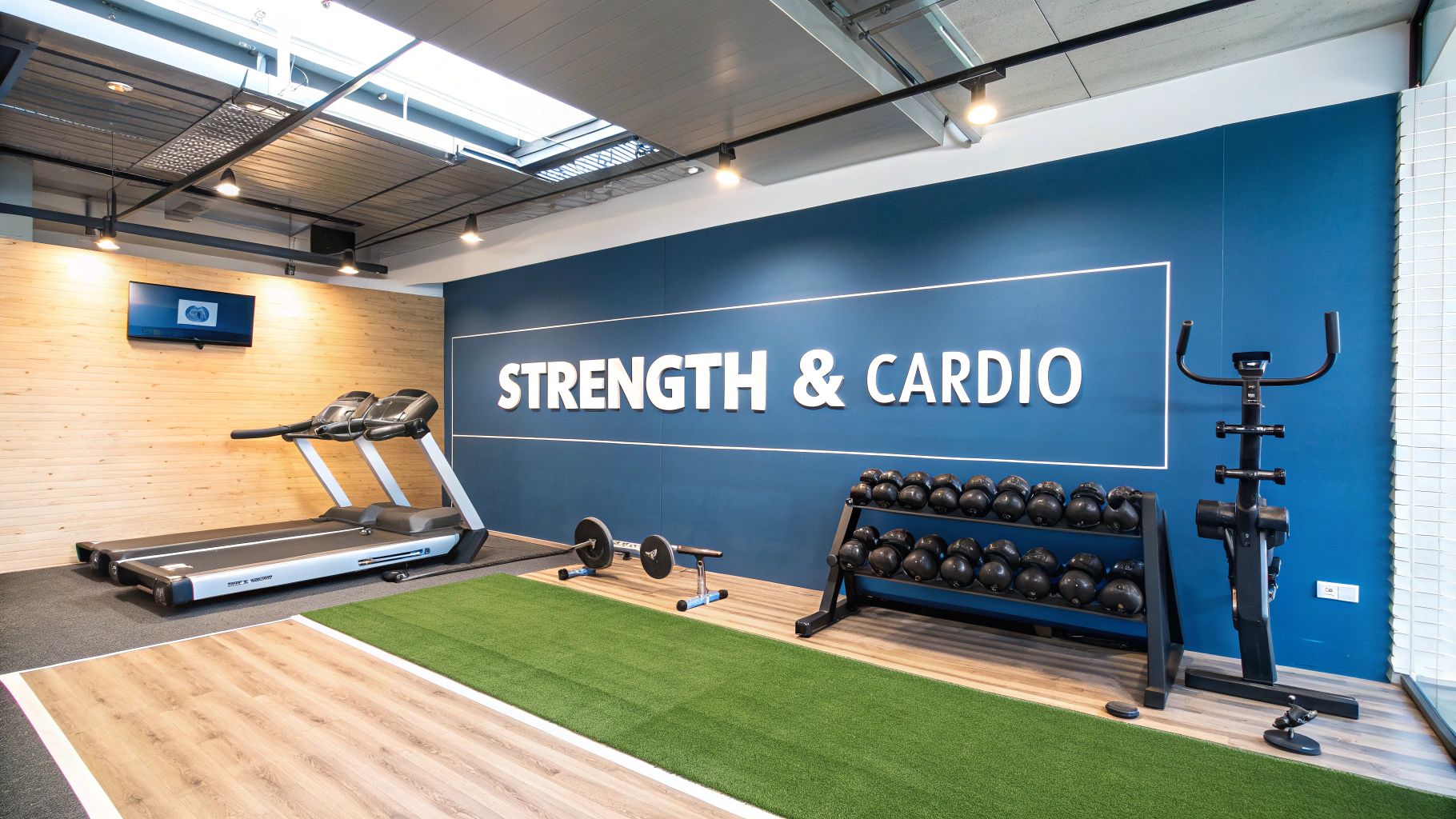 Modern gym area featuring treadmills, a dumbbell rack, barbells, and an exercise bike for fitness.