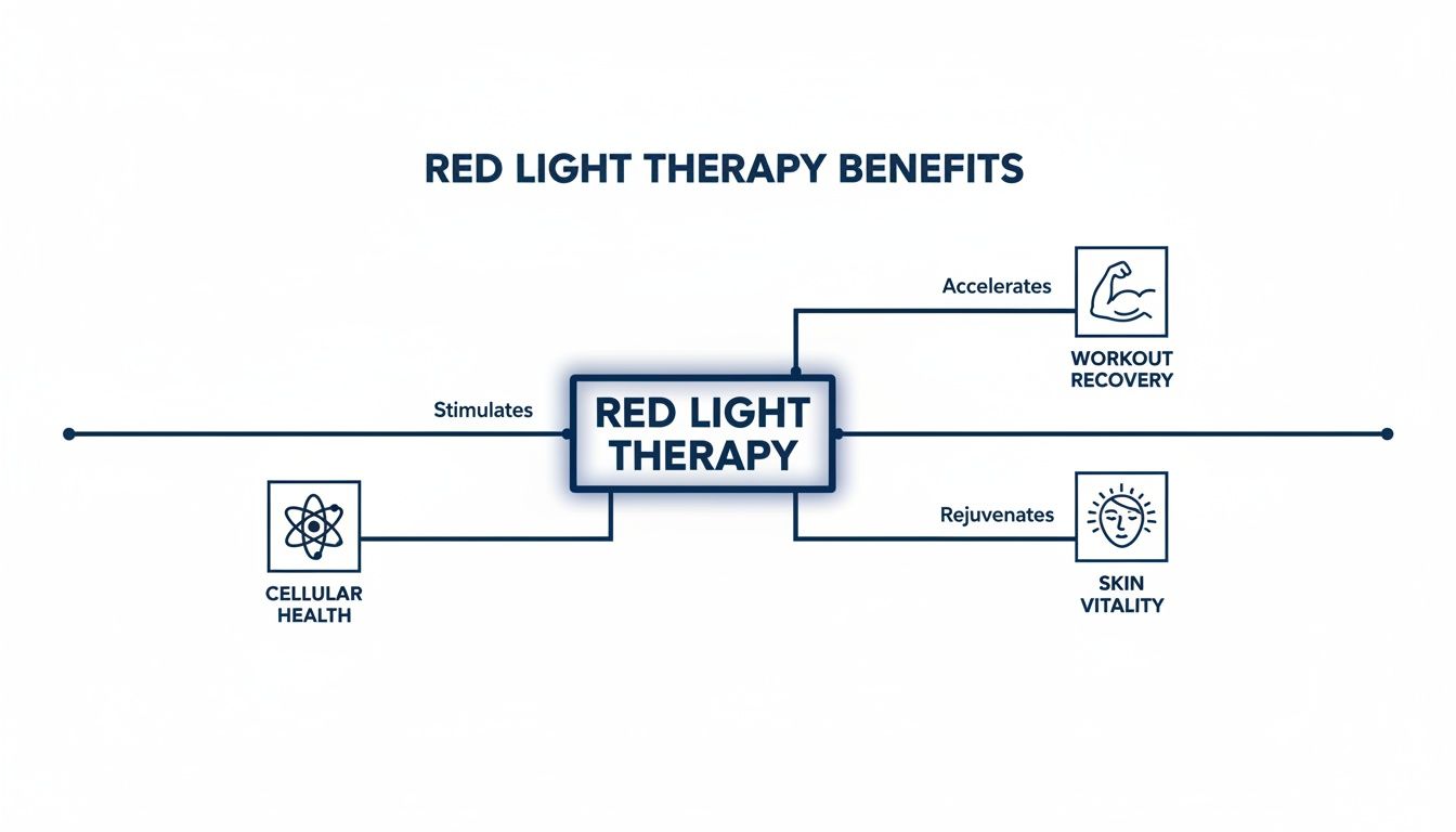 Diagram illustrating Red Light Therapy benefits: stimulates cellular health, accelerates workout recovery, and rejuvenates skin vitality.