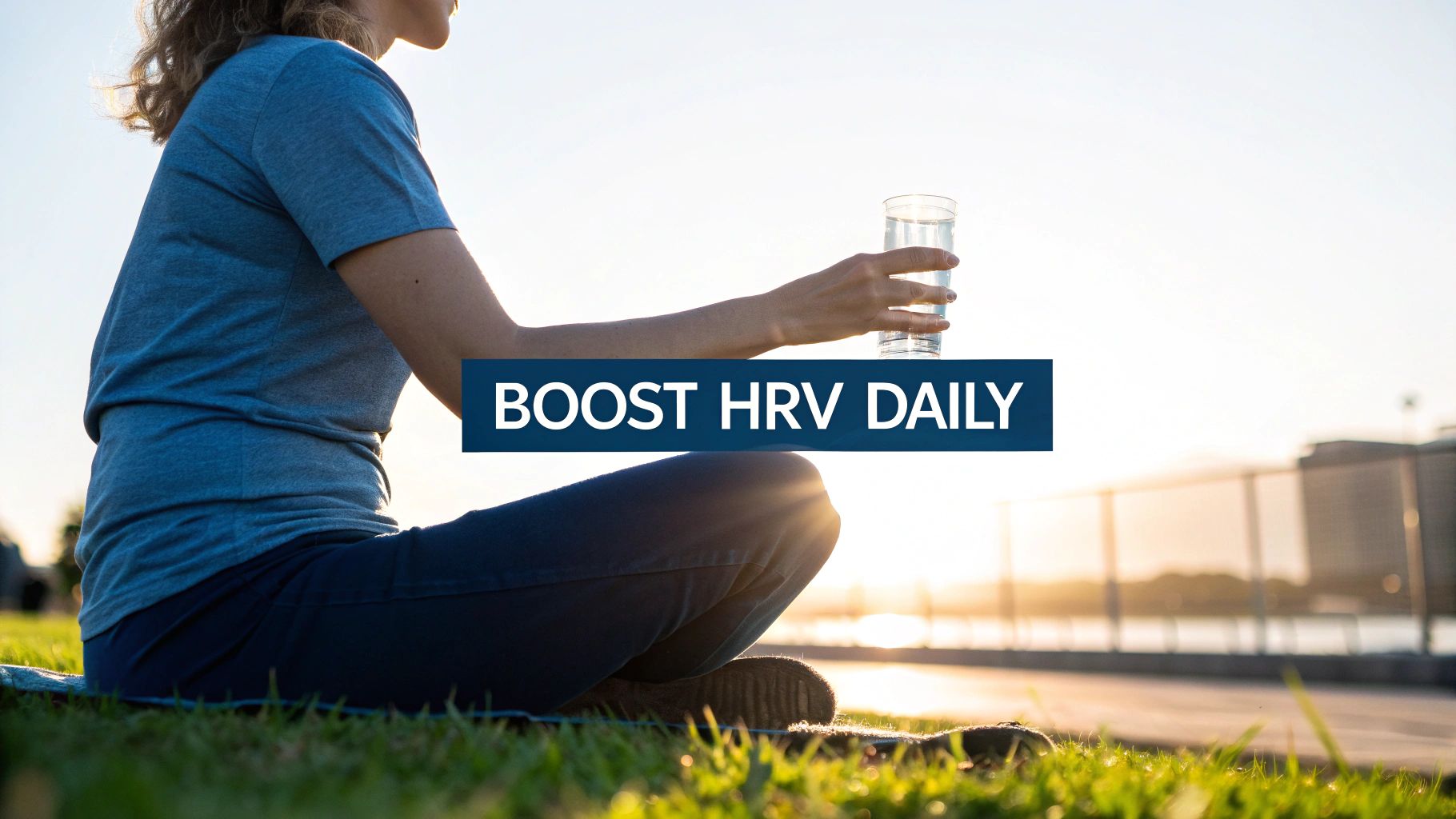 Woman in blue athletic wear holding glass of water outdoors while sitting on grass
