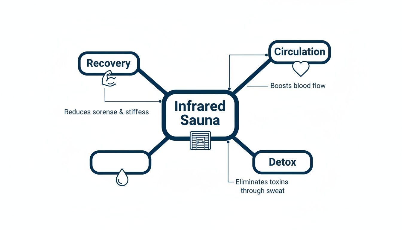 A diagram detailing infrared sauna benefits like muscle recovery, blood circulation, and detoxification.