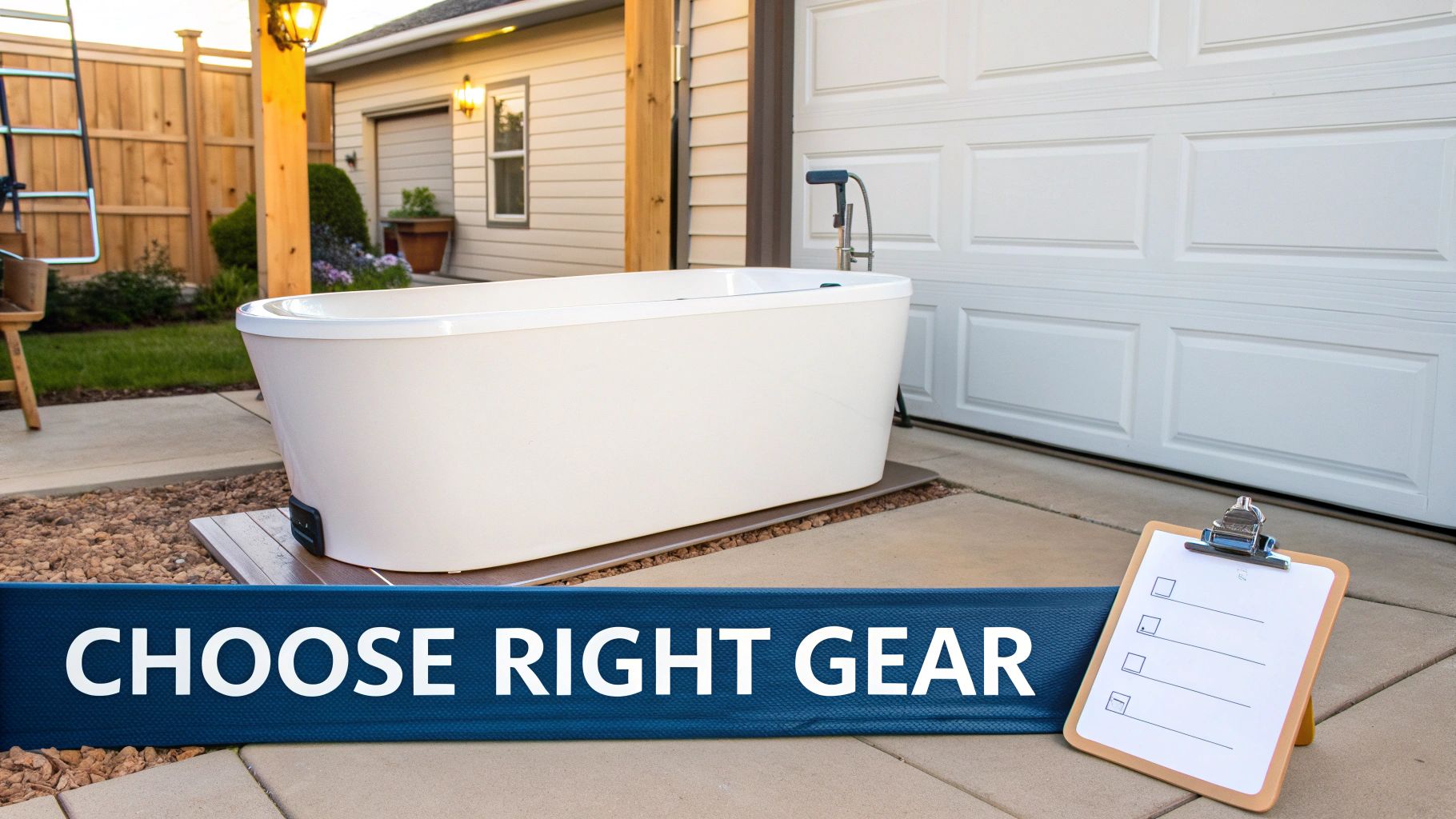 A white freestanding ice bath tub sits outdoors next to a garage, with a "CHOOSE RIGHT GEAR" banner.