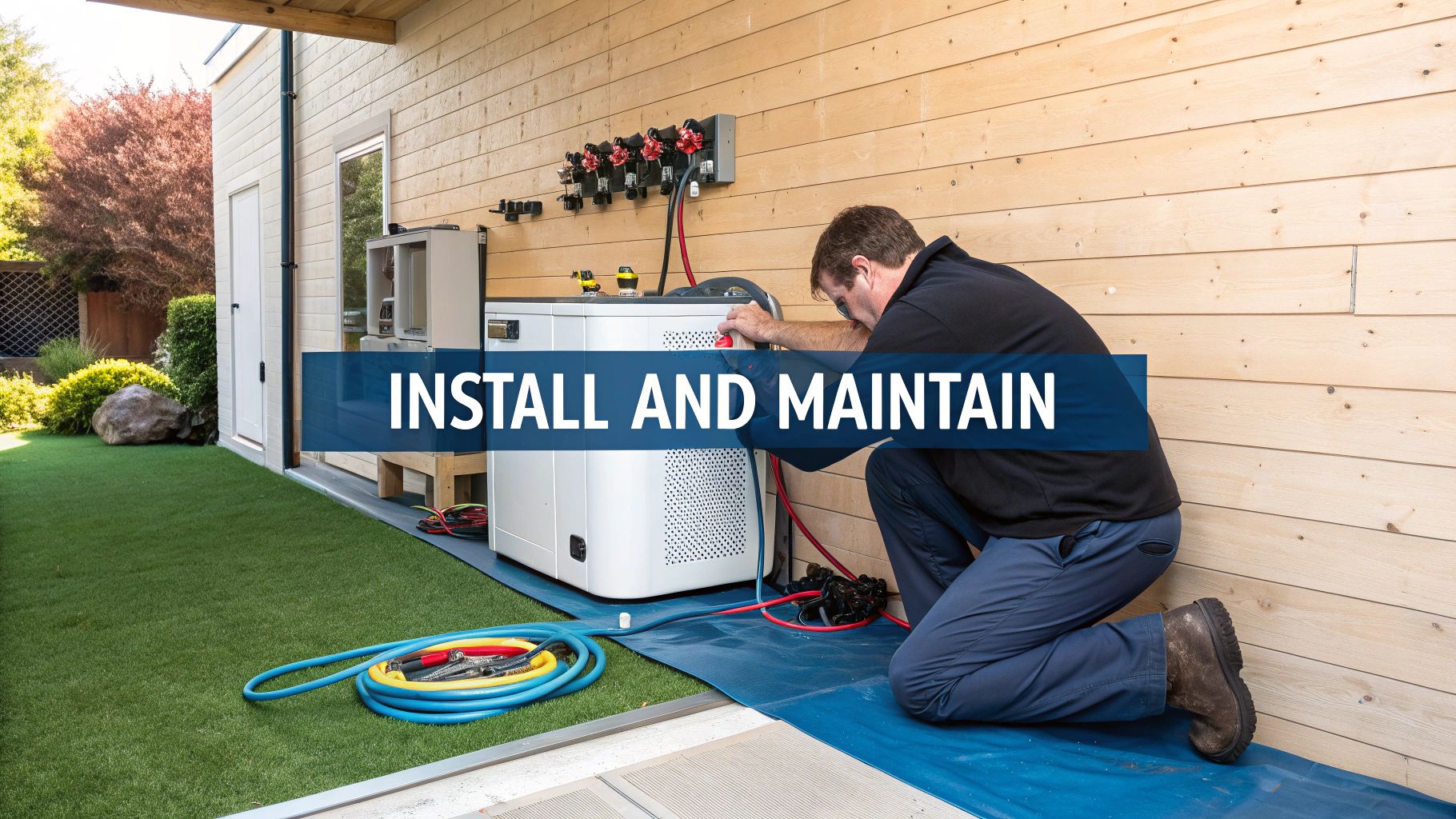 A man installs or maintains a white cold plunge pool unit against a wooden wall.