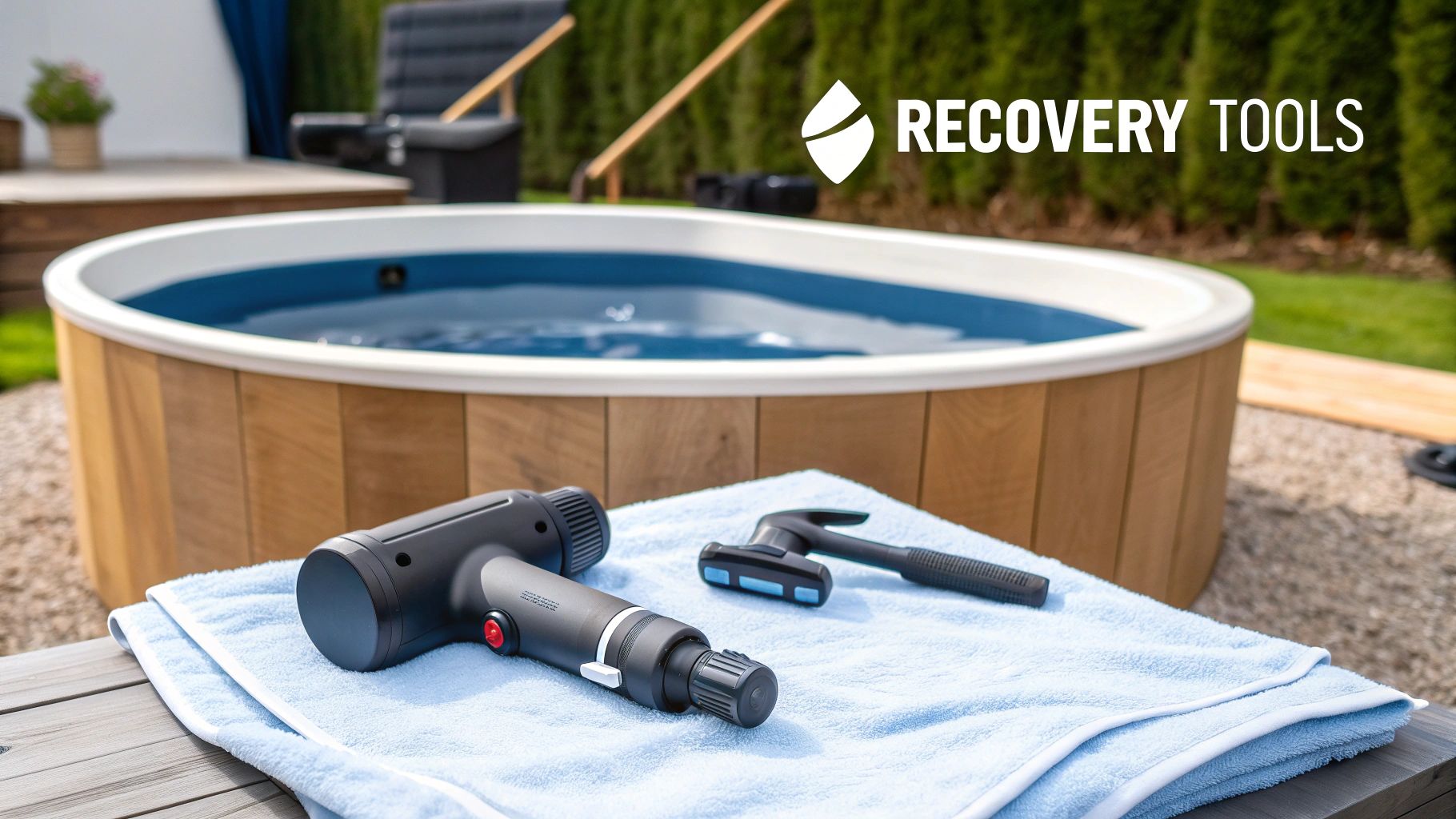 Recovery tools, including a massage gun and roller, on a blue towel beside an outdoor plunge pool.