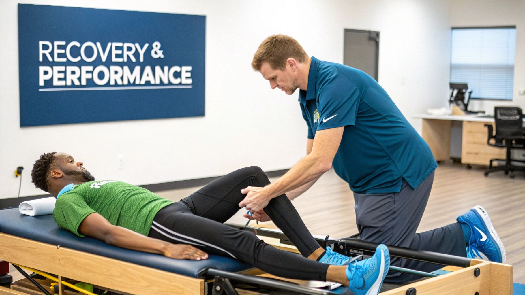A physical therapist assists a male patient with leg exercises on a Pilates reformer.