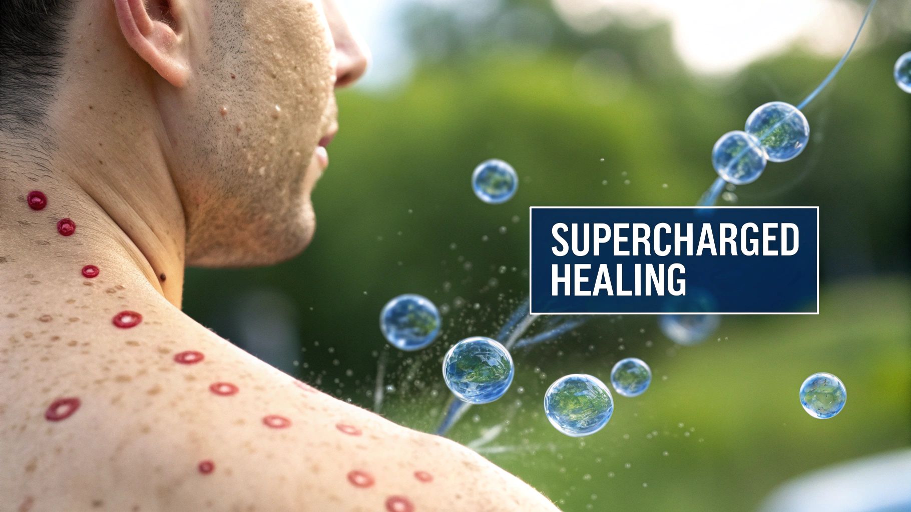 Man's shoulder with red cupping marks, surrounded by blue healing cells and 'SUPERCHARGED HEALING' text.