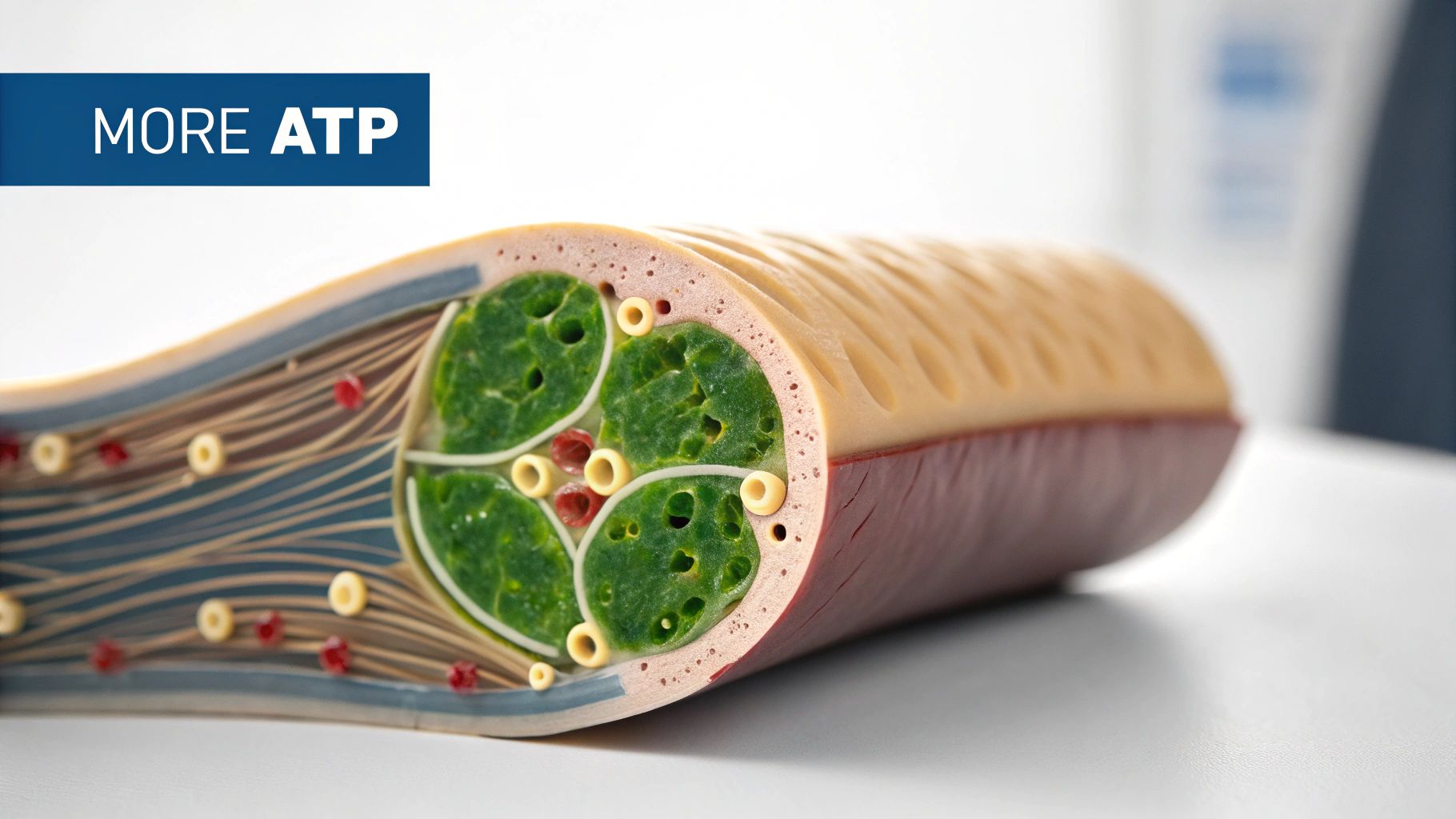 Mitochondria being supercharged with oxygen molecules during hyperbaric therapy, with new blood vessels forming around muscle fibers.