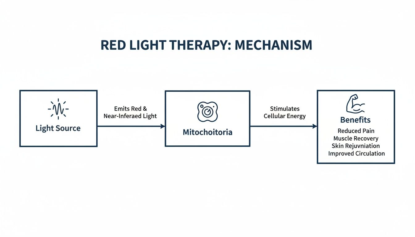 Flowchart illustrating the mechanism of red light therapy, showing light source, mitochondria, and resulting benefits.
