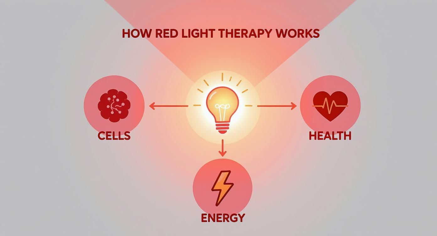 Infographic showing red light therapy mechanism connecting cells, energy production, and improved health outcomes