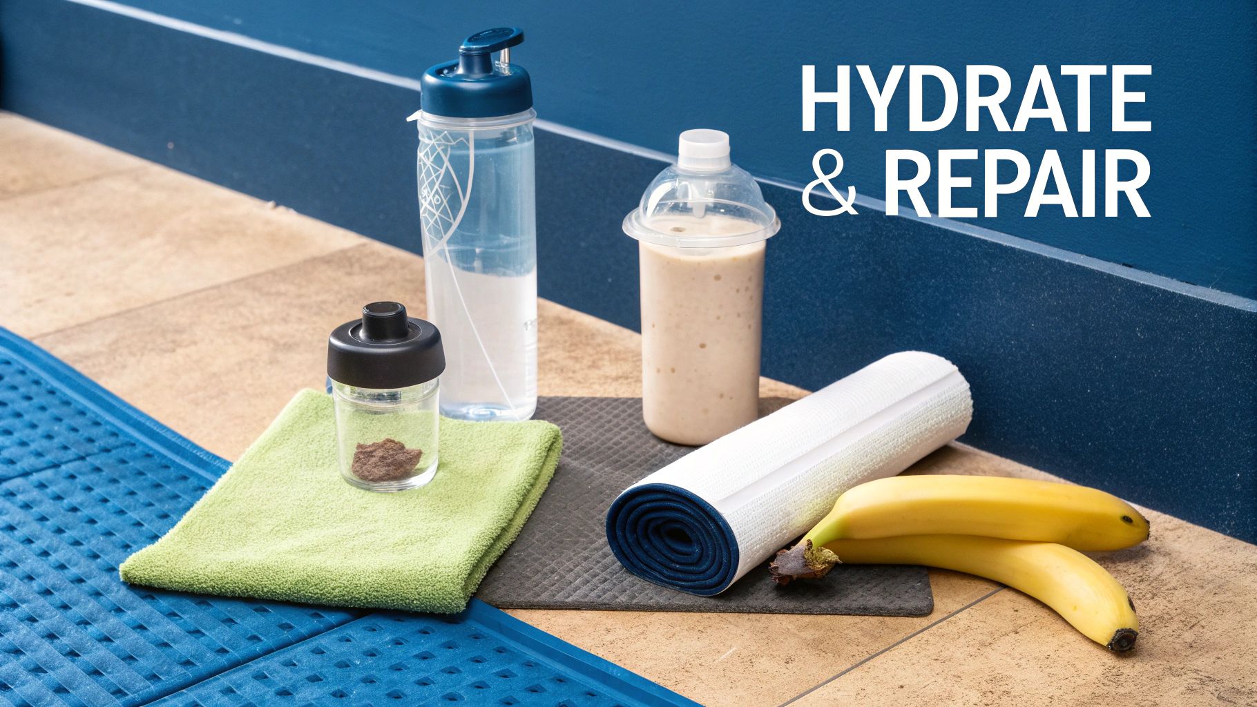 Fitness essentials: water bottle, protein shake, bananas, and a yoga mat for post-workout hydration and repair.