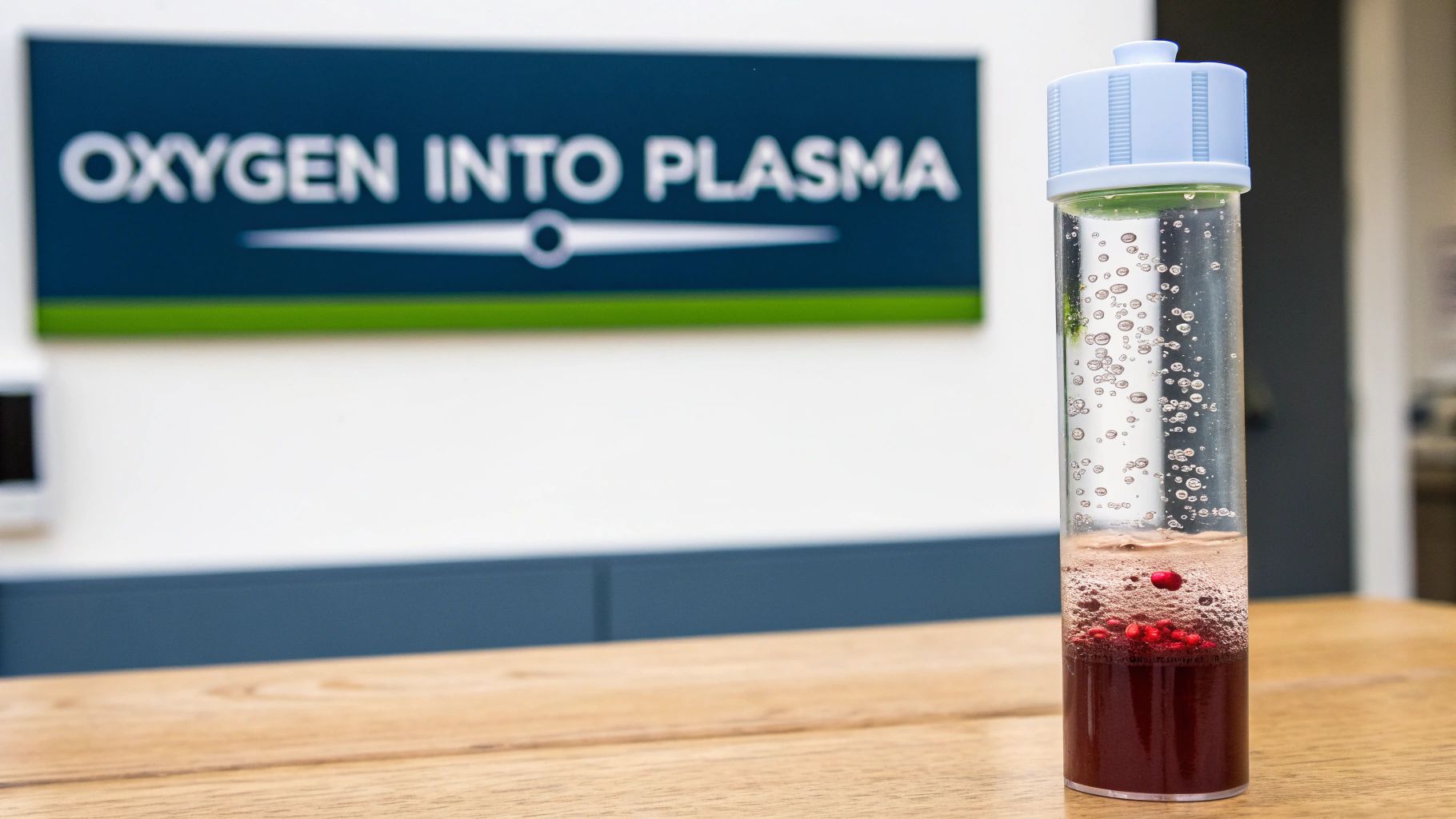 A clear tube containing layered liquids and red particles, with a blurred sign reading 'OXYGEN INTO PLASMA' in the background.