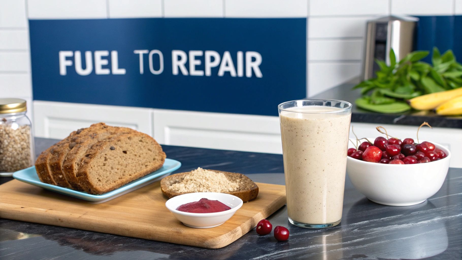 A nutritious spread featuring a smoothie, sliced bread, fresh cherries, and grains on a kitchen counter.