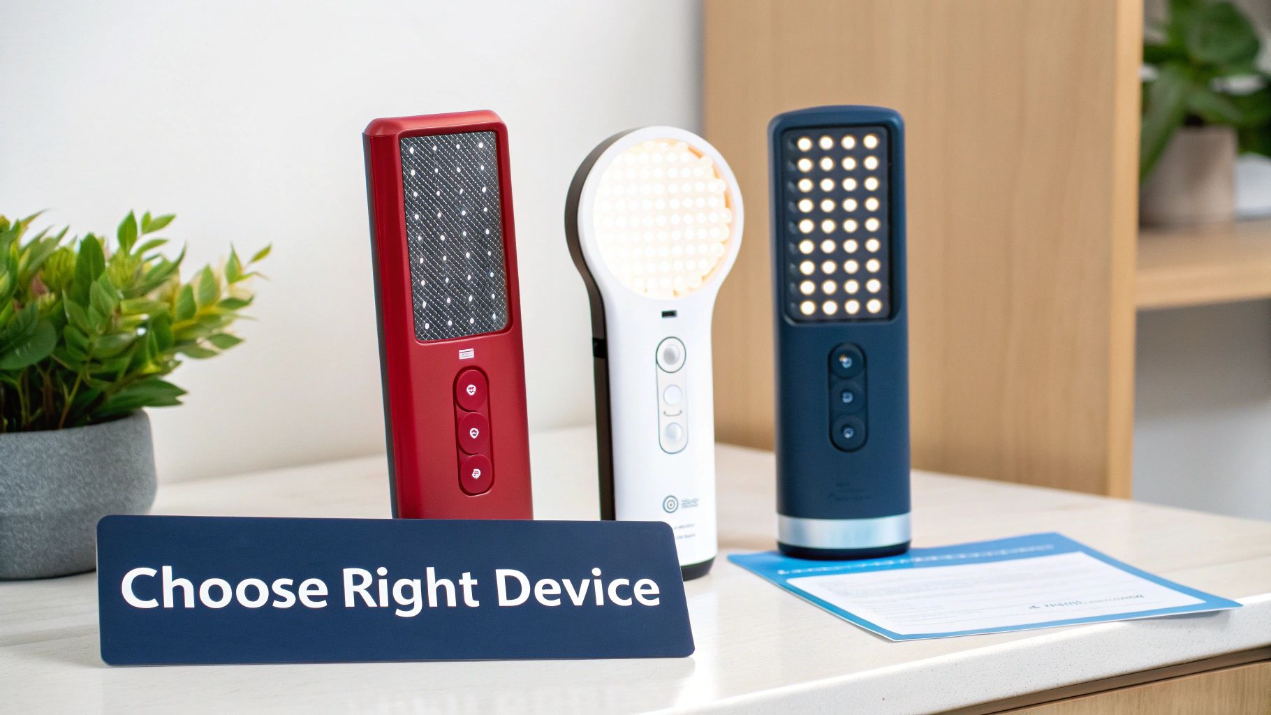 Three different colored handheld light therapy devices on a table with a 'Choose Right Device' sign.