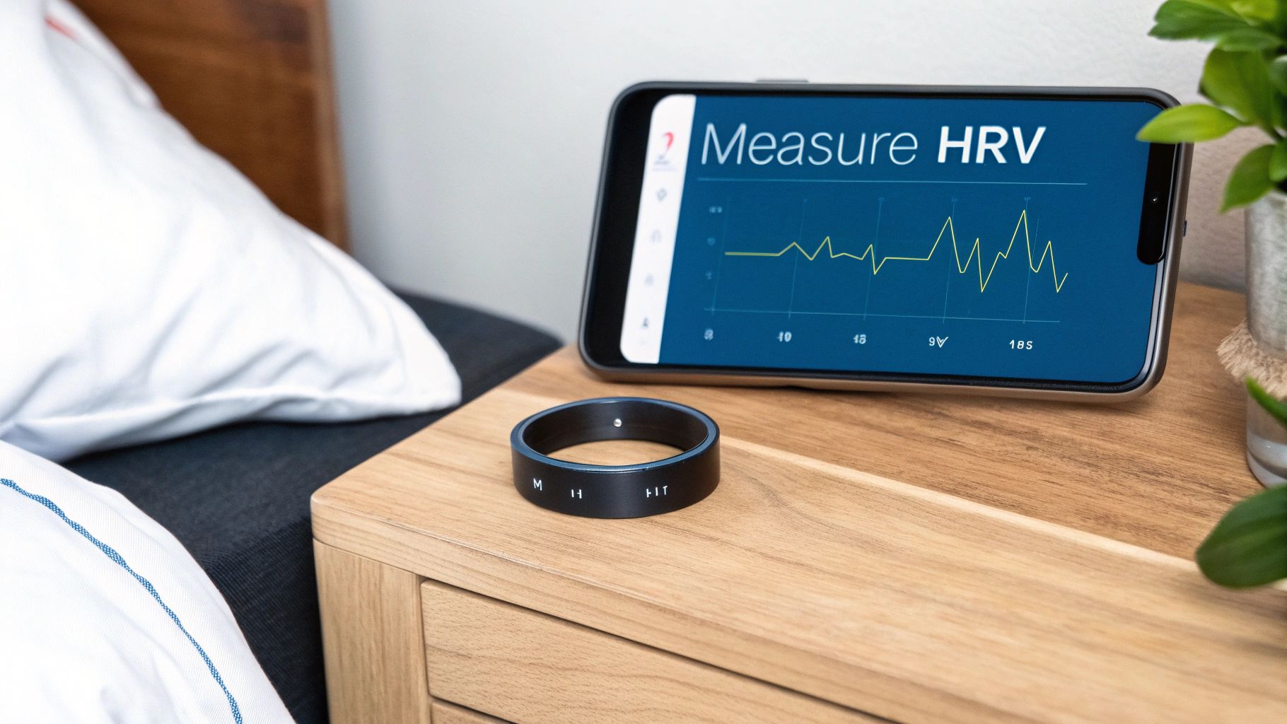 A smartphone displaying an HRV measurement graph and a fitness ring on a nightstand.