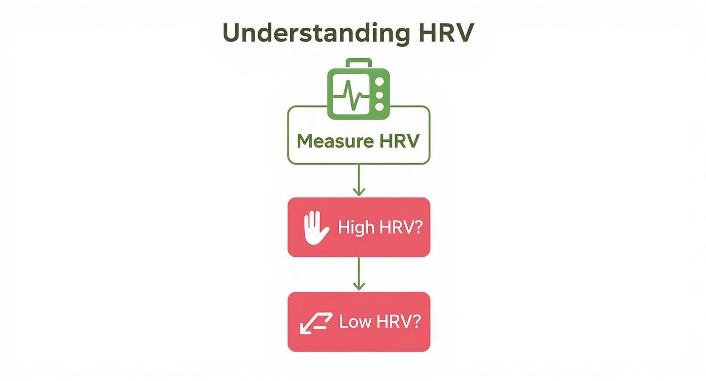 A flowchart explaining how to understand and measure Heart Rate Variability (HRV) showing high and low HRV.