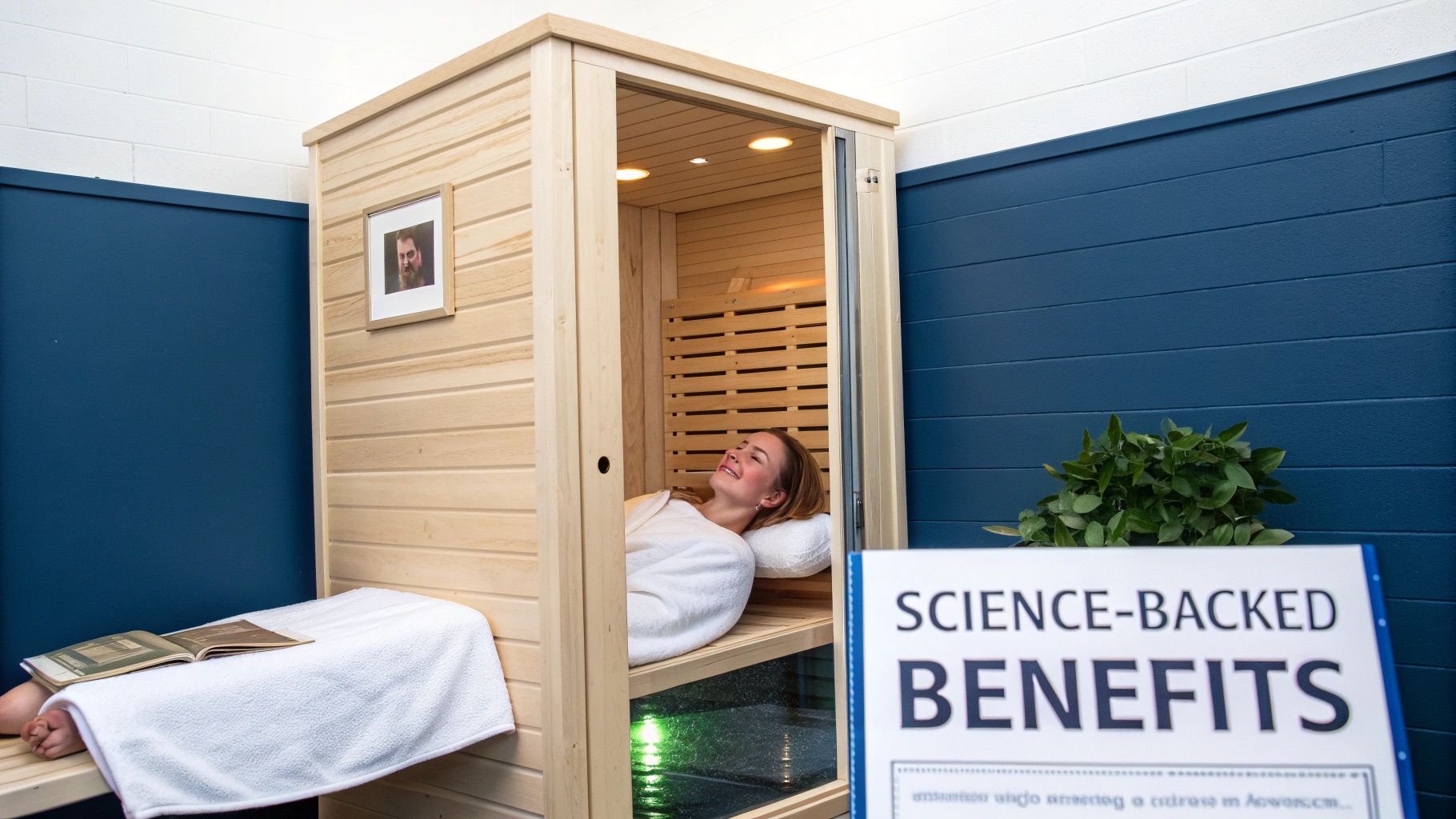 A smiling woman relaxes in a wooden infrared sauna, lying on a bench with a towel and book.
