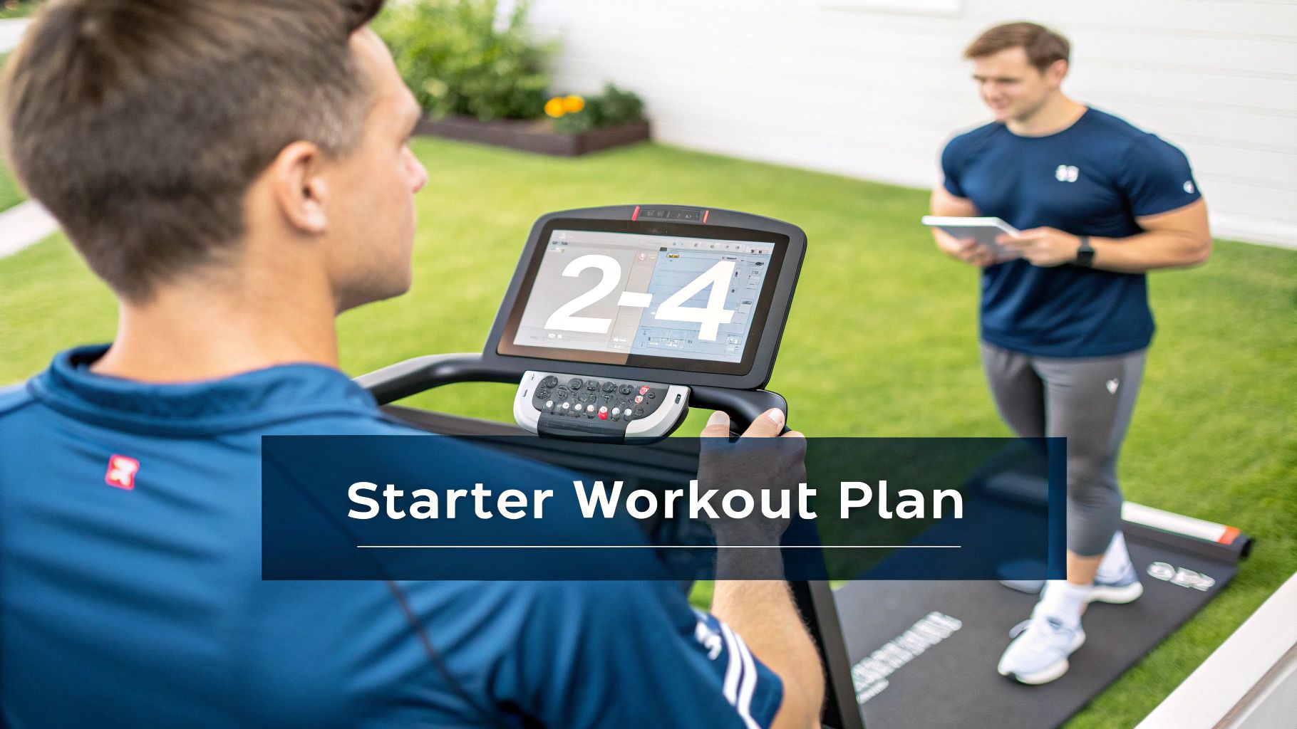 Two men exercising outdoors: one on a resistance treadmill, the other coaching with a tablet.