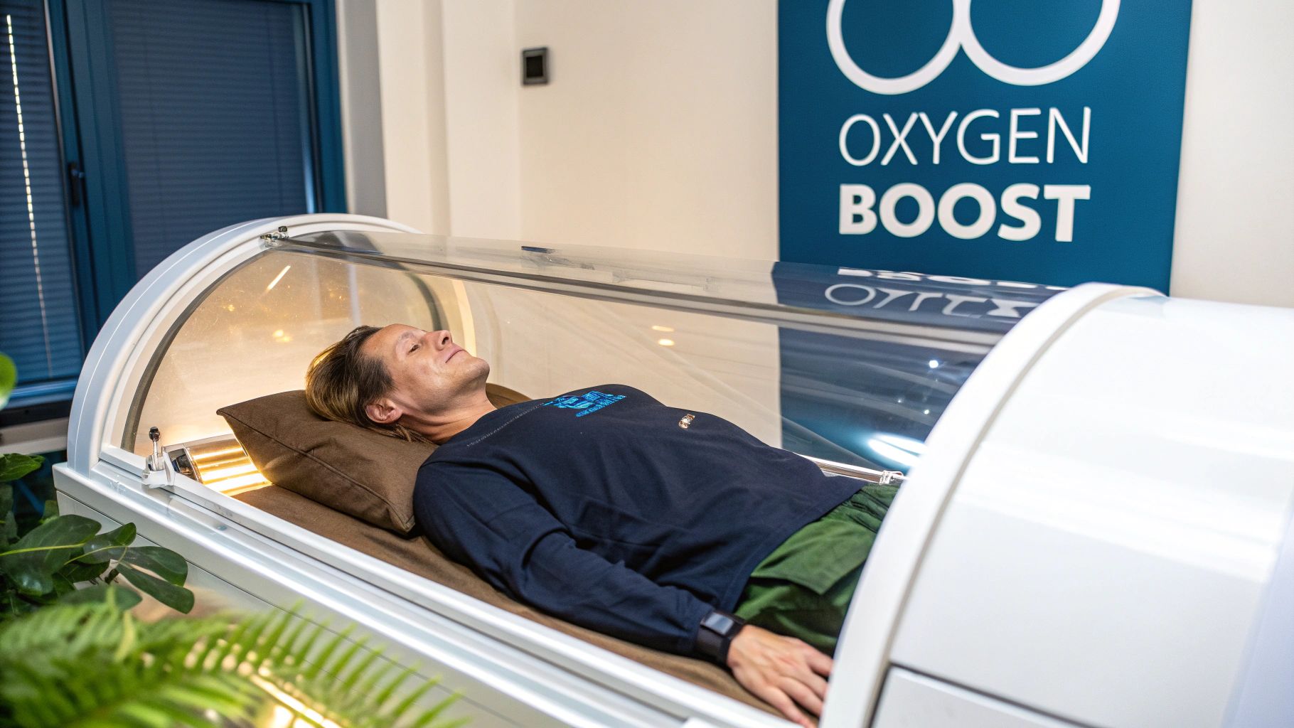 A man relaxes inside a personal hyperbaric chamber with a clear top, an "Oxygen Boost" sign in the background.