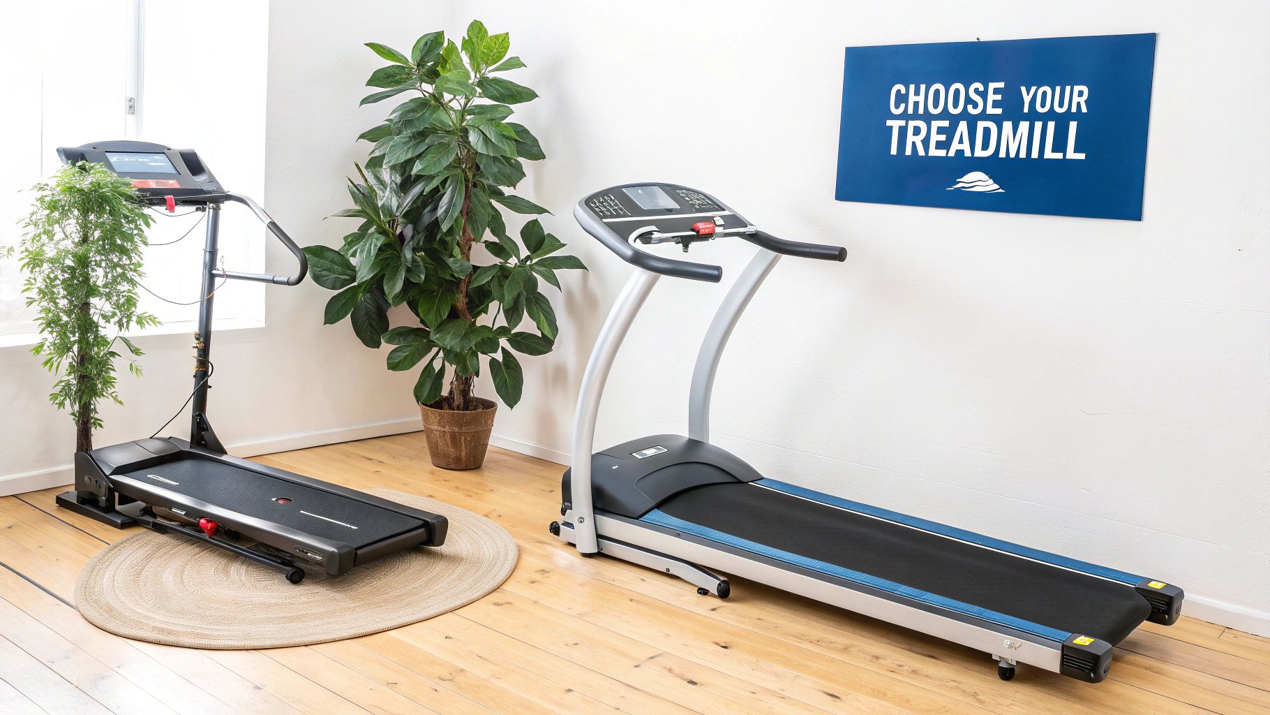 Two treadmills, one compact and one larger, displayed in a bright room with plants and a 'Choose Your Treadmill' sign.