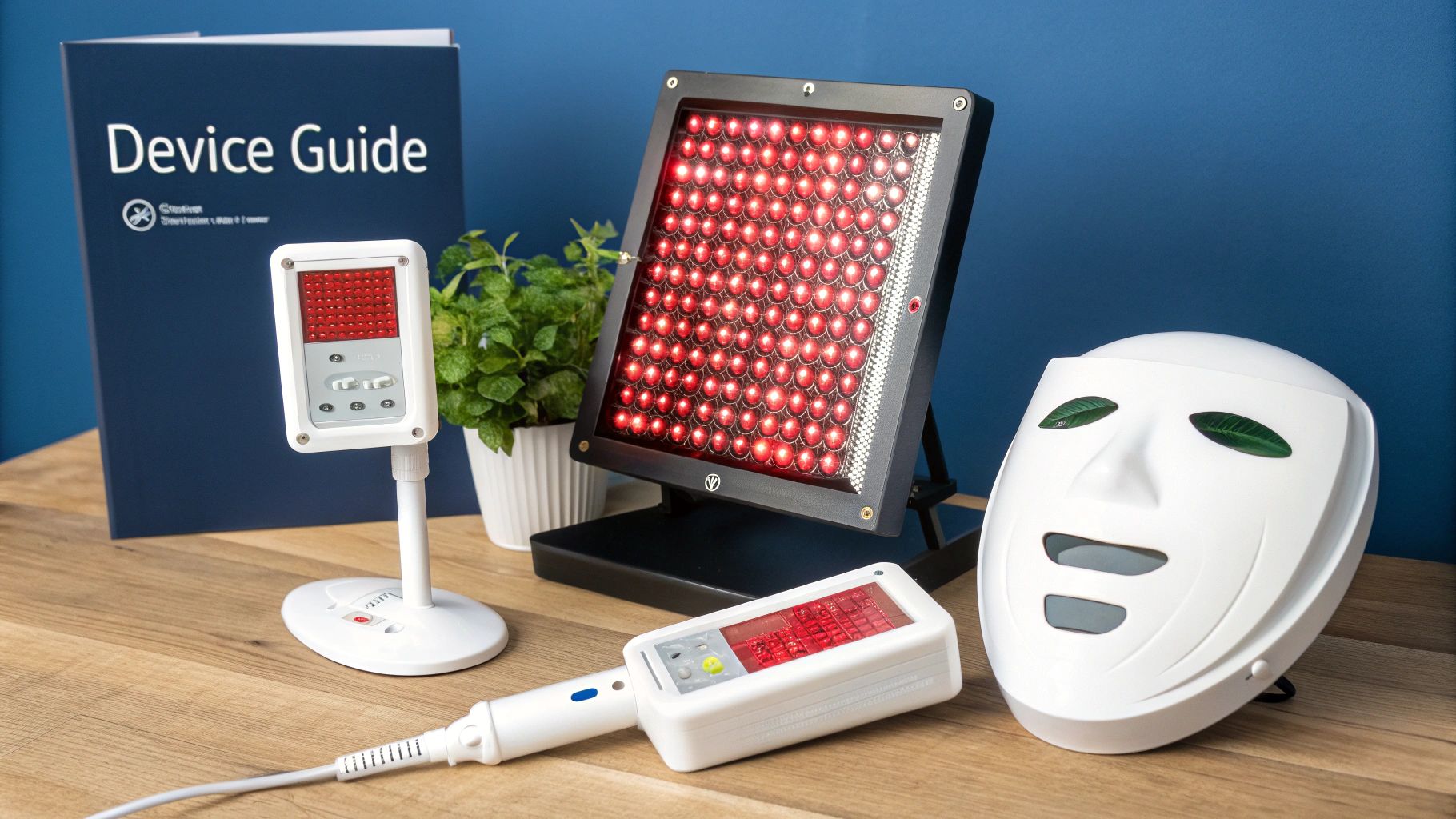 Various red light therapy devices: a large panel, handheld units, and a facial mask on a wooden table.