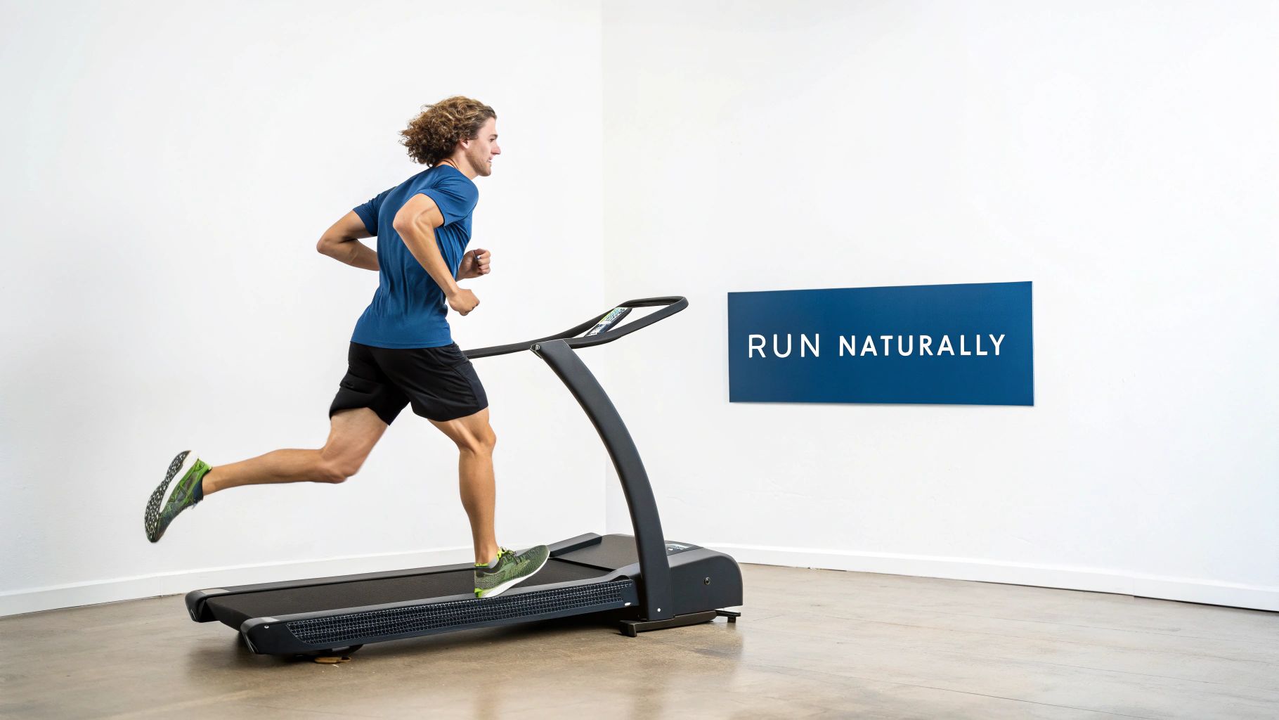 A man runs on a curved treadmill in a white room with a "RUN NATURALLY" sign.