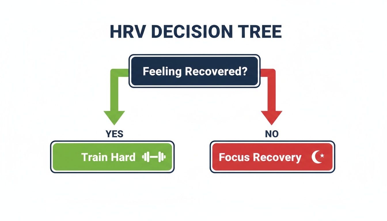 A decision tree graphic showing a person considering their HRV and how they feel. If feeling recovered and HRV is normal, the path leads to 'Train Hard'. If feeling fatigued or HRV is low, the path leads to 'Focus on Recovery'. This image visually represents how to use HRV to guide workout intensity.
