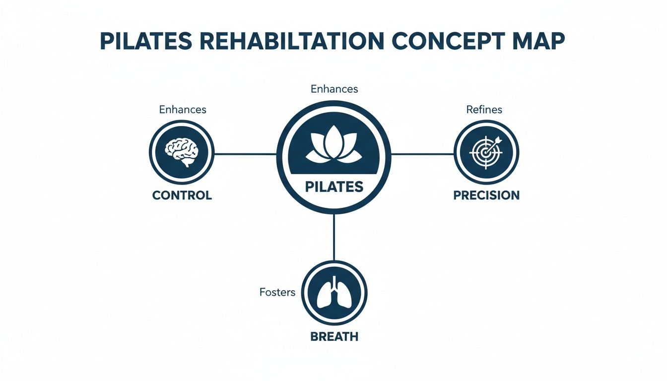 A Pilates rehabilitation concept map showing Pilates enhances control, refines precision, and fosters breath.
