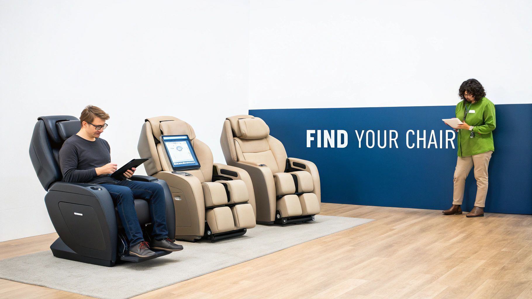 A man testing a black massage chair, while another chair displays a tablet, in a modern showroom.