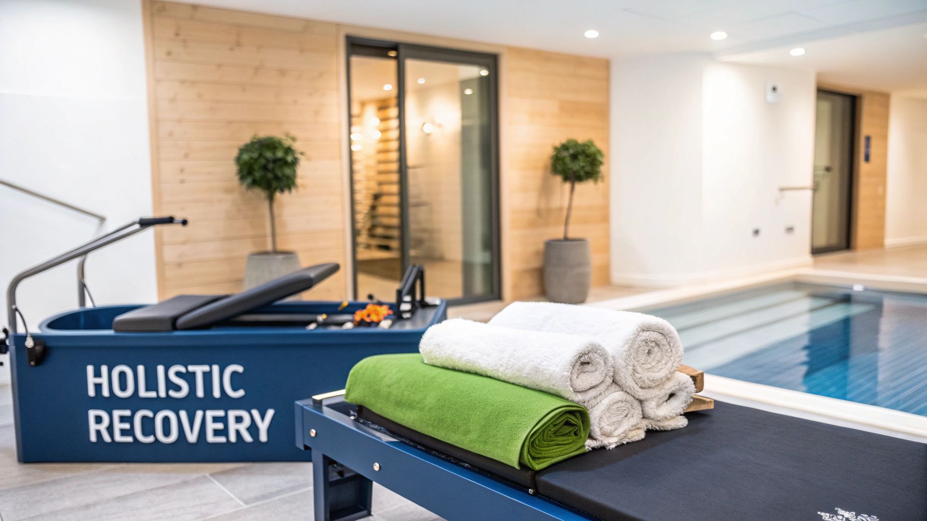 A modern wellness room featuring a 'Holistic Recovery' cold plunge tub, a pilates reformer, and a swimming pool.