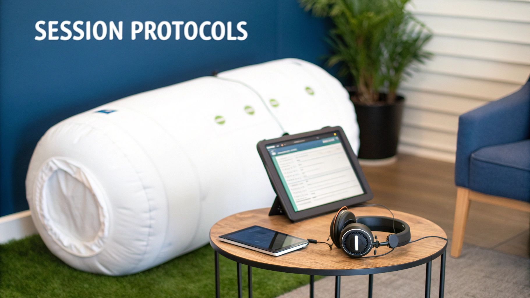 A home hyperbaric chamber setup with a tablet displaying session protocols, headphones, and a smartphone.