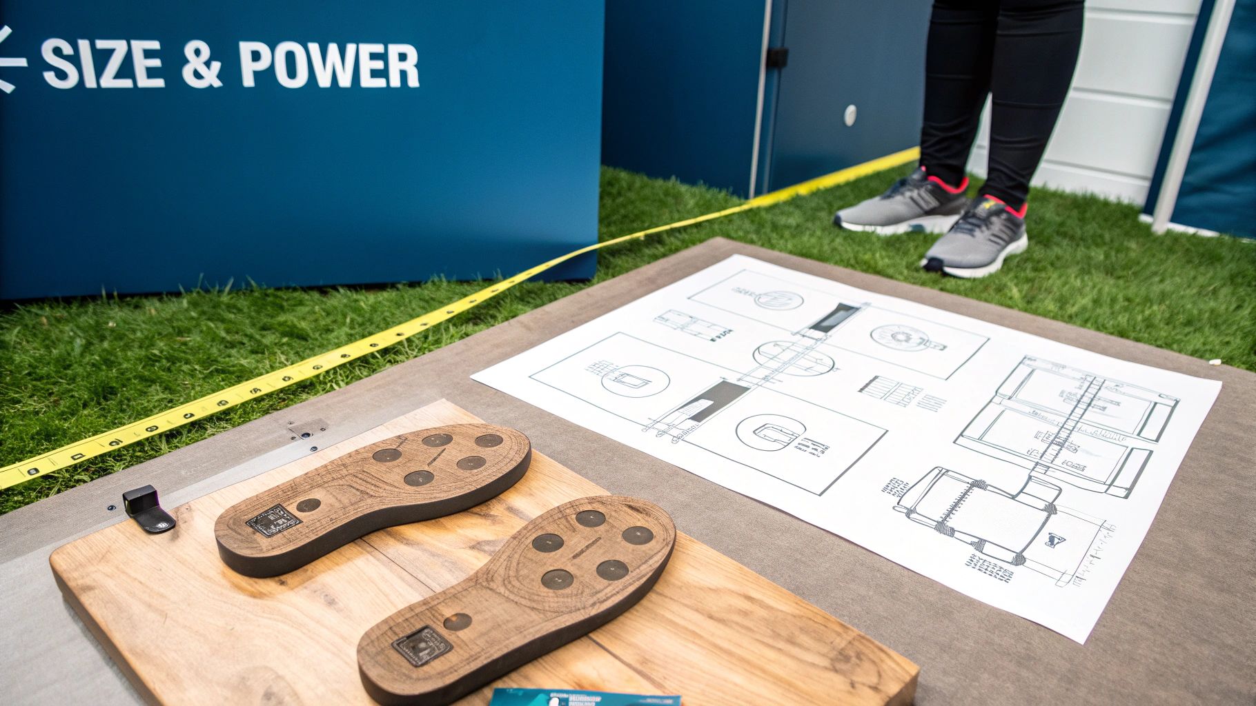 Footwear technology display featuring wooden insoles, detailed technical drawings, and a "SIZE & POWER" sign.