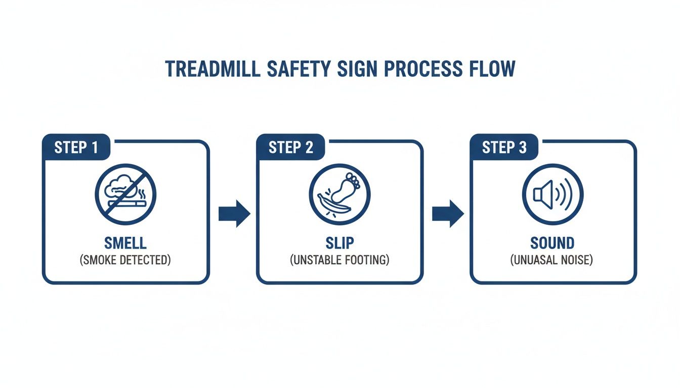 Flowchart showing three steps for treadmill safety: smell (smoke detected), slip (unstable footing), and sound (unusual noise).