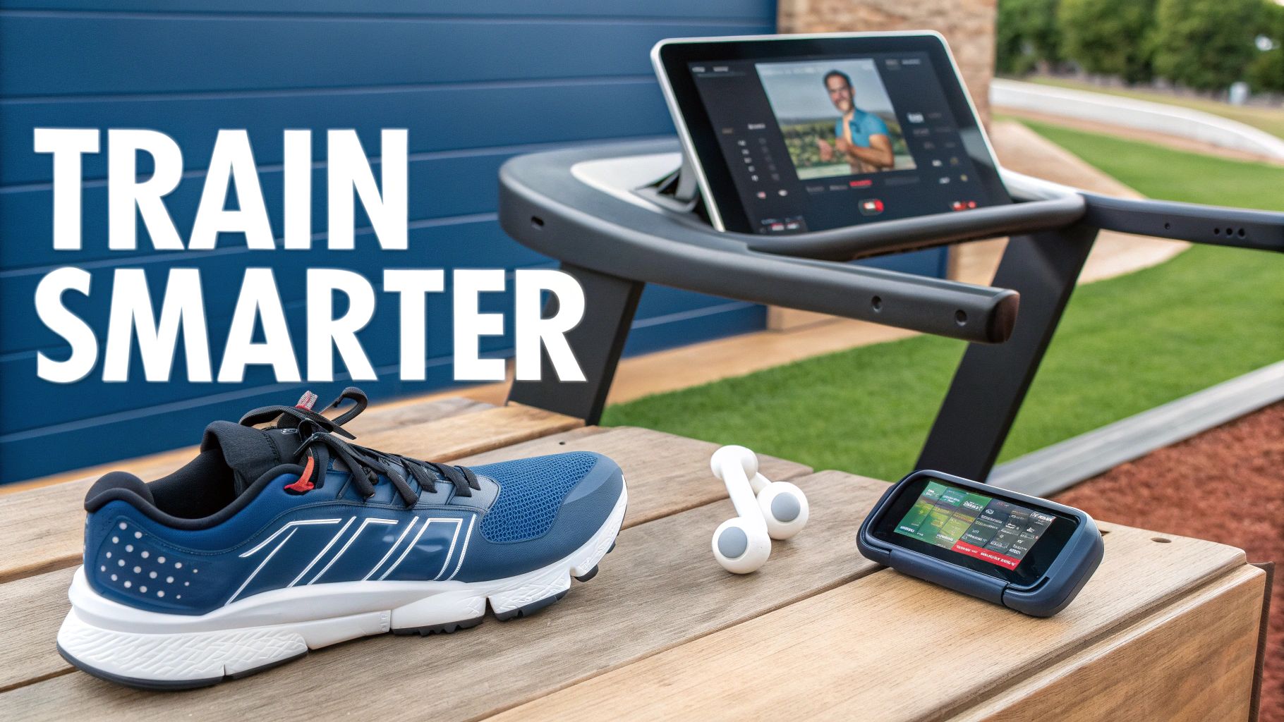 A blue running shoe, white earbuds, and a smart device on wood, with a treadmill and "TRAIN SMARTER" text.