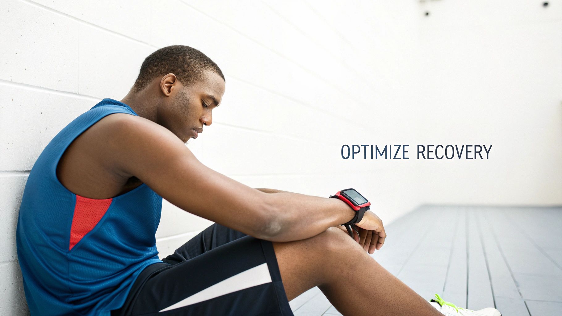 A tired man wearing athletic gear and a smartwatch, sitting against a wall, looking down. Text 'OPTIMIZE RECOVERY'.