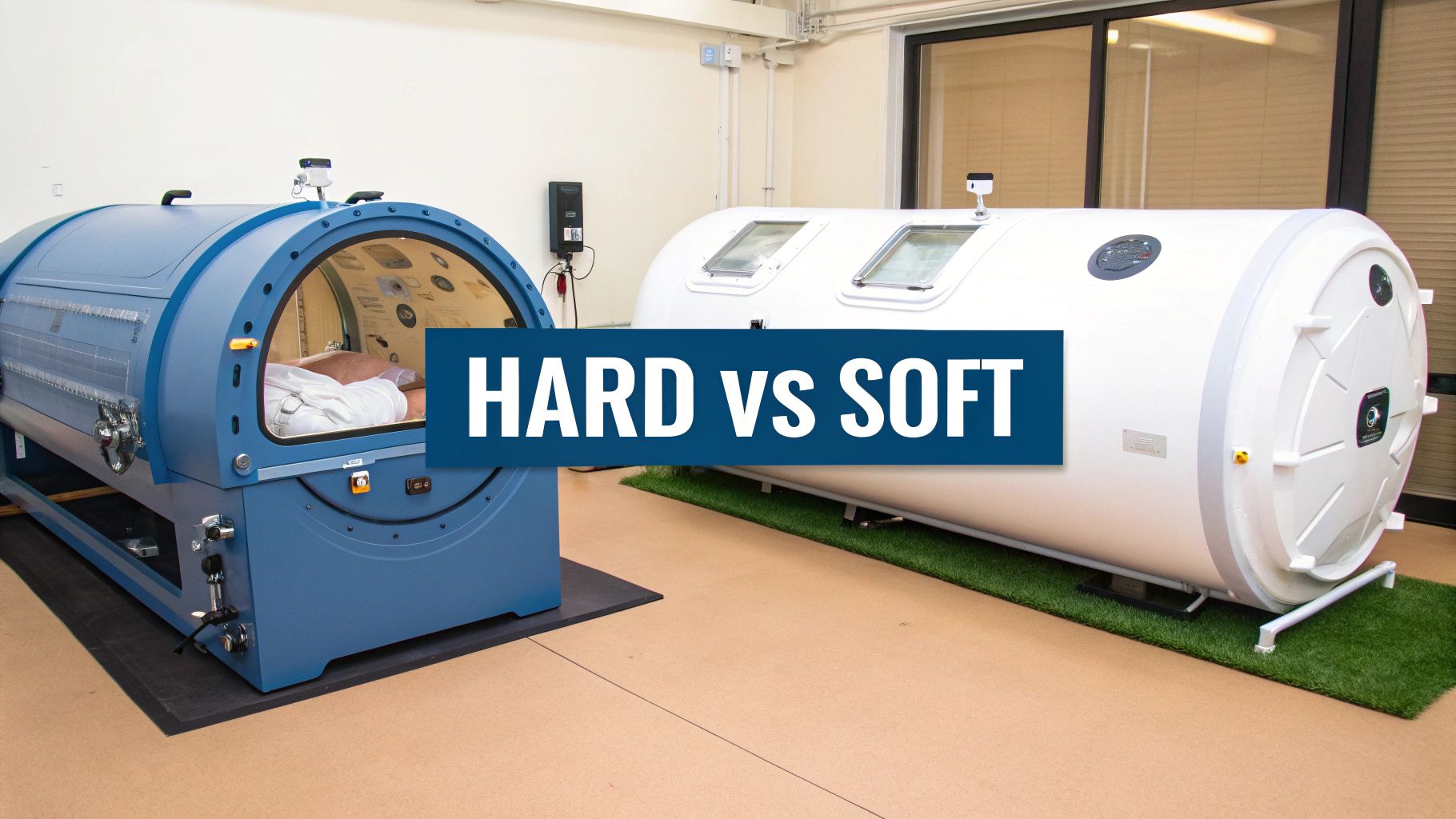 Two distinct hyperbaric chambers, one blue hard shell and one white soft shell, side-by-side.