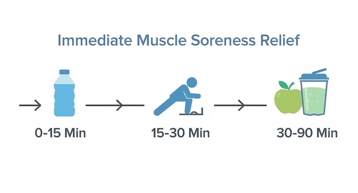 Infographic timeline for immediate muscle soreness relief, showing hydration, stretching, and post-workout nutrition.