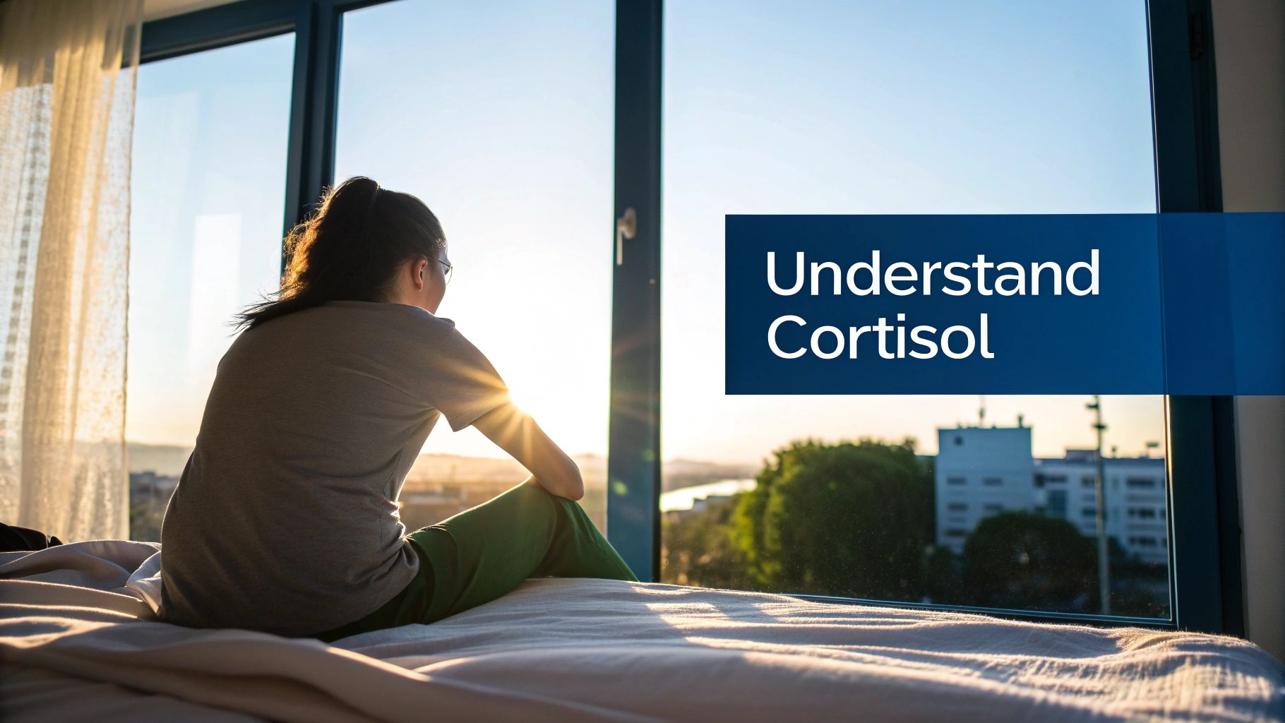 A person sits on a bed, looking out a sunny window with text "Understand Cortisol".