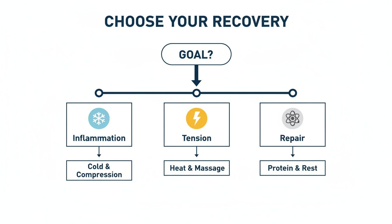 A flowchart detailing recovery choices based on goals: Inflammation, Tension, and Repair, with corresponding methods.